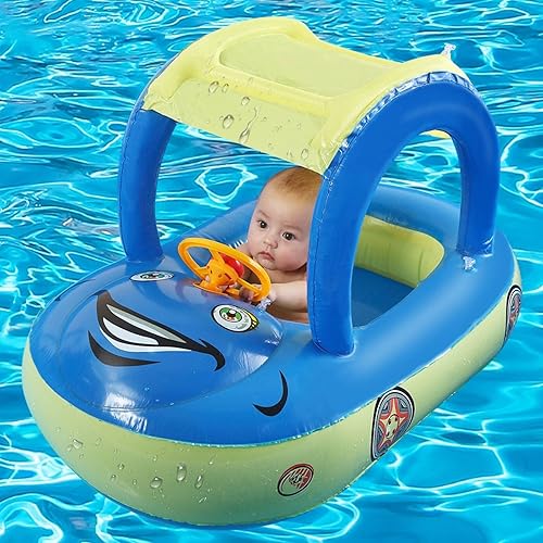 Baby Pool Float with Canopy UPF 50+，Steering Wheel Toddler Pool
