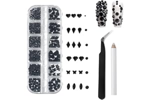 YATOJUZI 1440pcs Rhinestones Nail Gems,6 Styles 3D Black Irregular Flat Back Round Rhinestones,with Pick Up Tweezer and Rhinestones Picking Pen,Rhinestones for DIY Crafts Nails Face Makeup