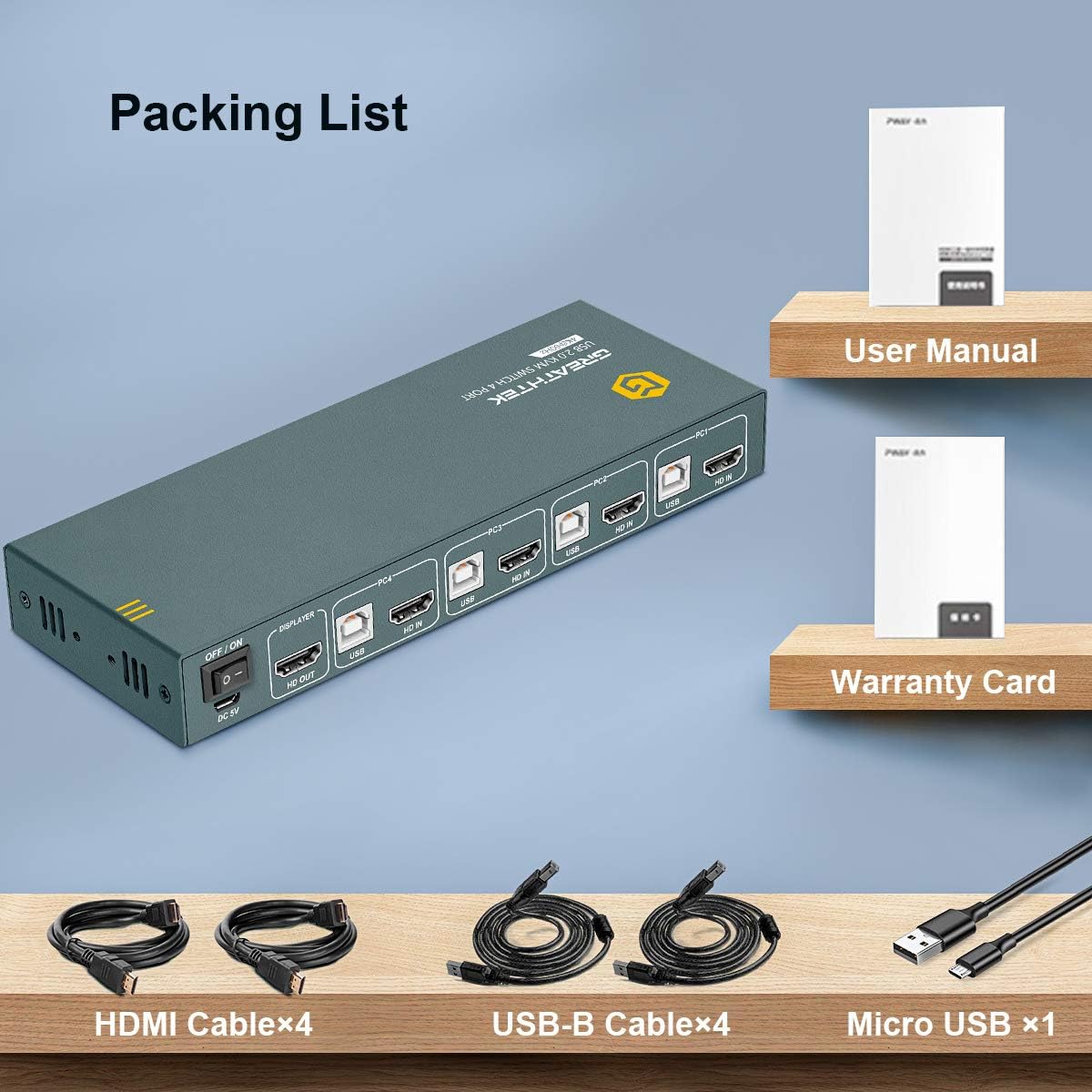 4 GREATHTEK KVM Switch HDMI 4 Port 4K60Hz with USB 2.0,HDMI 2.0,HDCP2