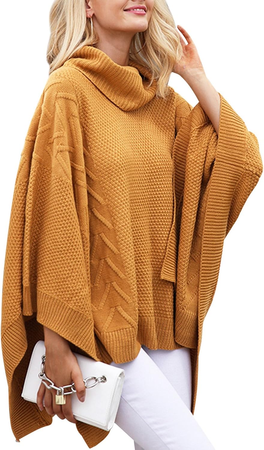 BerryGo Women's Chic Turtleneck Batwing Sleeve Asymmetric Knitted Poncho Pullovers Sweater Camel, One Size at  Women’s Clothing store