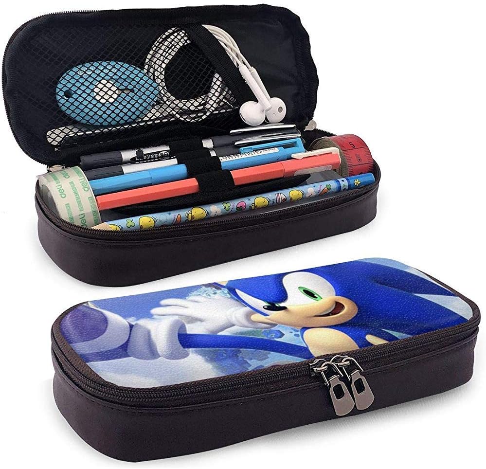 Leather Pencil Case Happy Soni_c The Hedgehog Pen Pouch Stationery Bag School Portable Storage Kit Cosmetic Box Holder