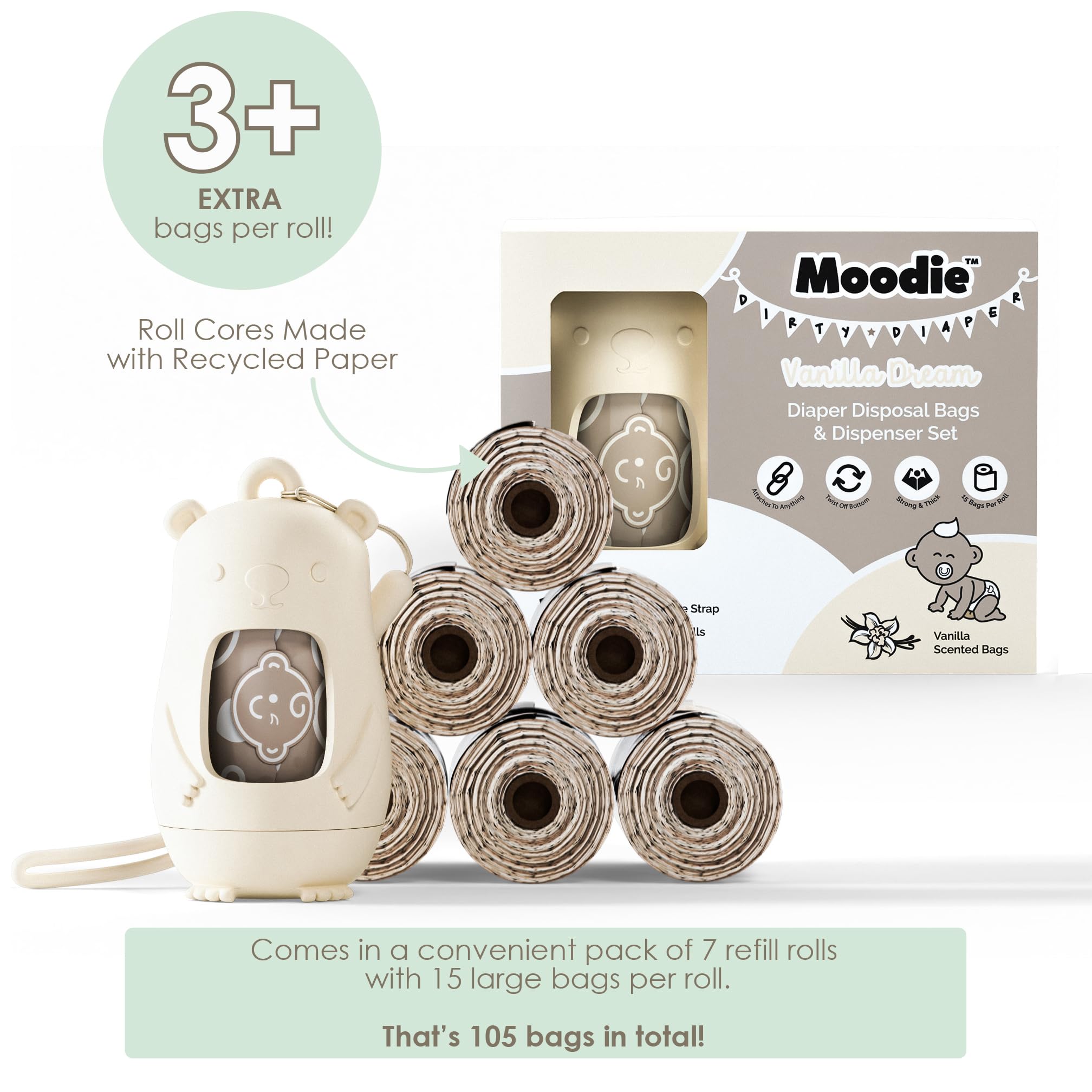 Moodie Disposable Diaper Bags Dispenser COMBO PACK | 105 VANILLA SCENTED Baby Poop Bags TOTAL | Dirty Diaper Trash Bags | Diaper Bags Disposable (VANILLA DREAM)