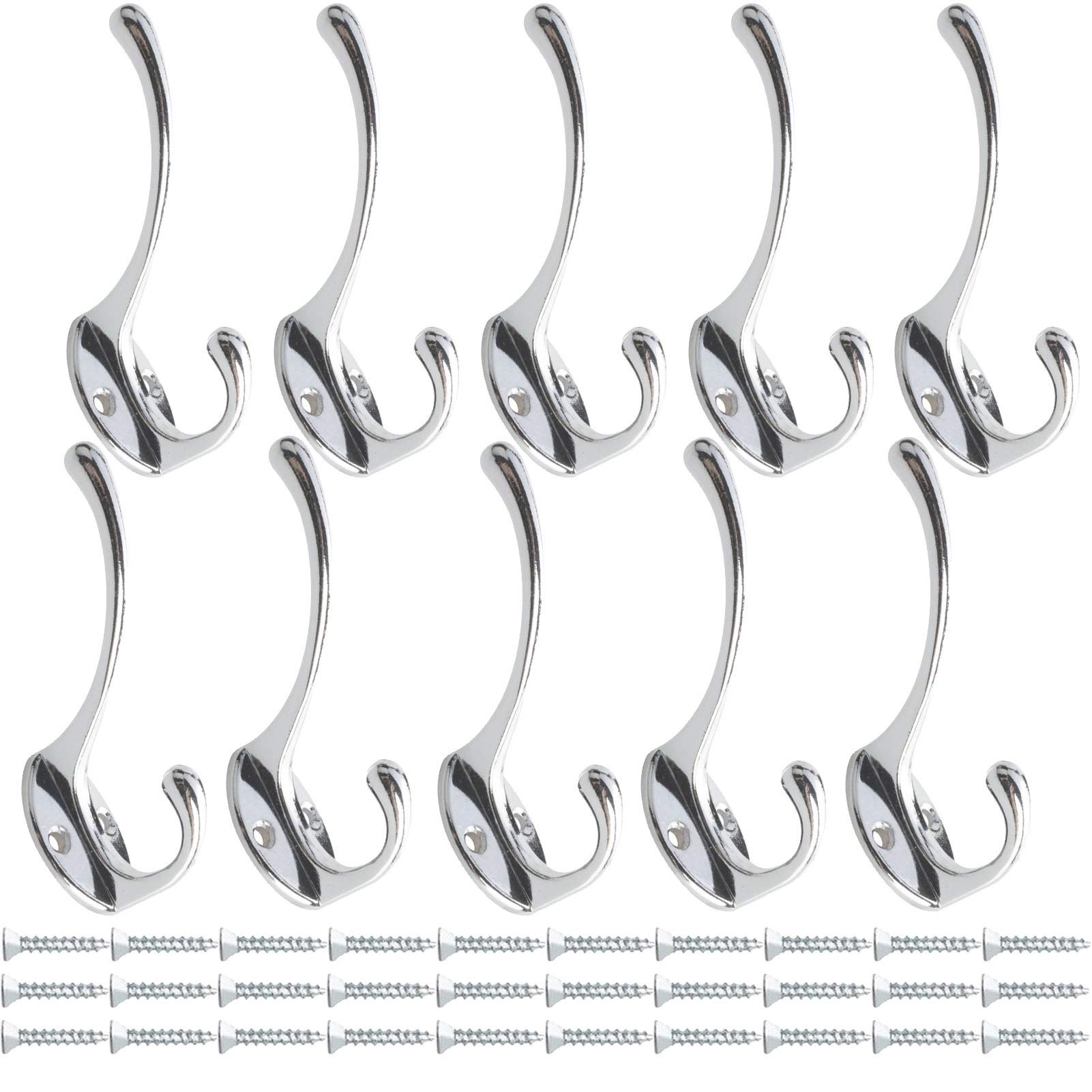 Beilala 10 Pack Chrome Double Coat Hooks for Wall Door with Screws Antique Robe Hook for Haning Clothes, Hat, Scarf, Bag, Towel, Key, Cup, Cap (Silver)