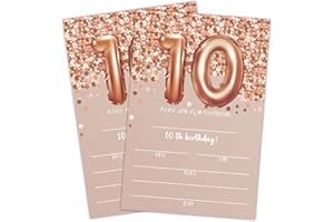 LWBEO 10th Birthday Invitation Cards, Rose Gold Glitter 10th Birthday Party Invites, Kids Happy Birthday Party Decorations Supplies, 20 Fill-in Cards with Envelopes for Boys or Girls Party Celebration-C02