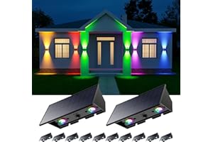 ROOPURE 12 Pack RGB Solar Up and Down Wall Lights Outdoor Decorative Fence LED Waterproof Lamps for Deck, Patio, Porch, House, Garden, Pool Cage, Dynamic Color Changing Lights for Festive Atmosphere Building