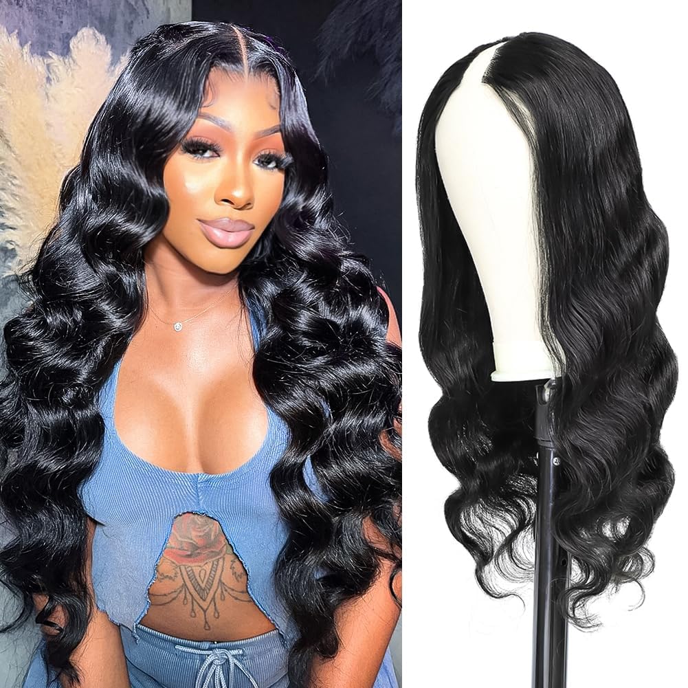 Body Wave V Part Human Hair Brazilian Virgin Wigs for Black Women - U Part & Glueless Full Head Clip In Half Wig - V Shape Lace Front - 22Inch — image 1