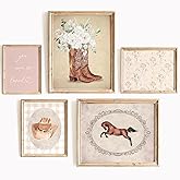 Cowgirl Nursery Wall Art Coquette Western Girl Poster Vintage Horse Floral Canvas Pictures Aesthetic Pink Preppy Room Wall Decor Rustic Cowgirl Prints for Girls Bedroom 8x10x5 Inch Unframed