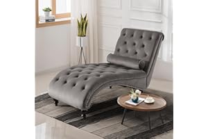 JEEOHEY Chaise Lounge Chair Indoor, Modern Button Tufted Velvet Upholstered Leisure Accent Chair with Solid Wood Legs & Lumbar Pillow, Recliner Sofa Single Sleeper Sofa for Living Room, Bedroom, Grey