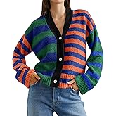 Saodimallsu Womens Striped Cardigan Sweaters V Neck Open Front Button Up Color Block Fuzzy Loose Knit Coats
