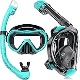 Full Face Snorkel Mask, Snorkeling Gear for Adults Men and Women, 180 Degrees Panoramic View Snorkel Set Anti-Fog Anti-Leak, Dry Top System and Travel Bag for Swimming, Snorkeling