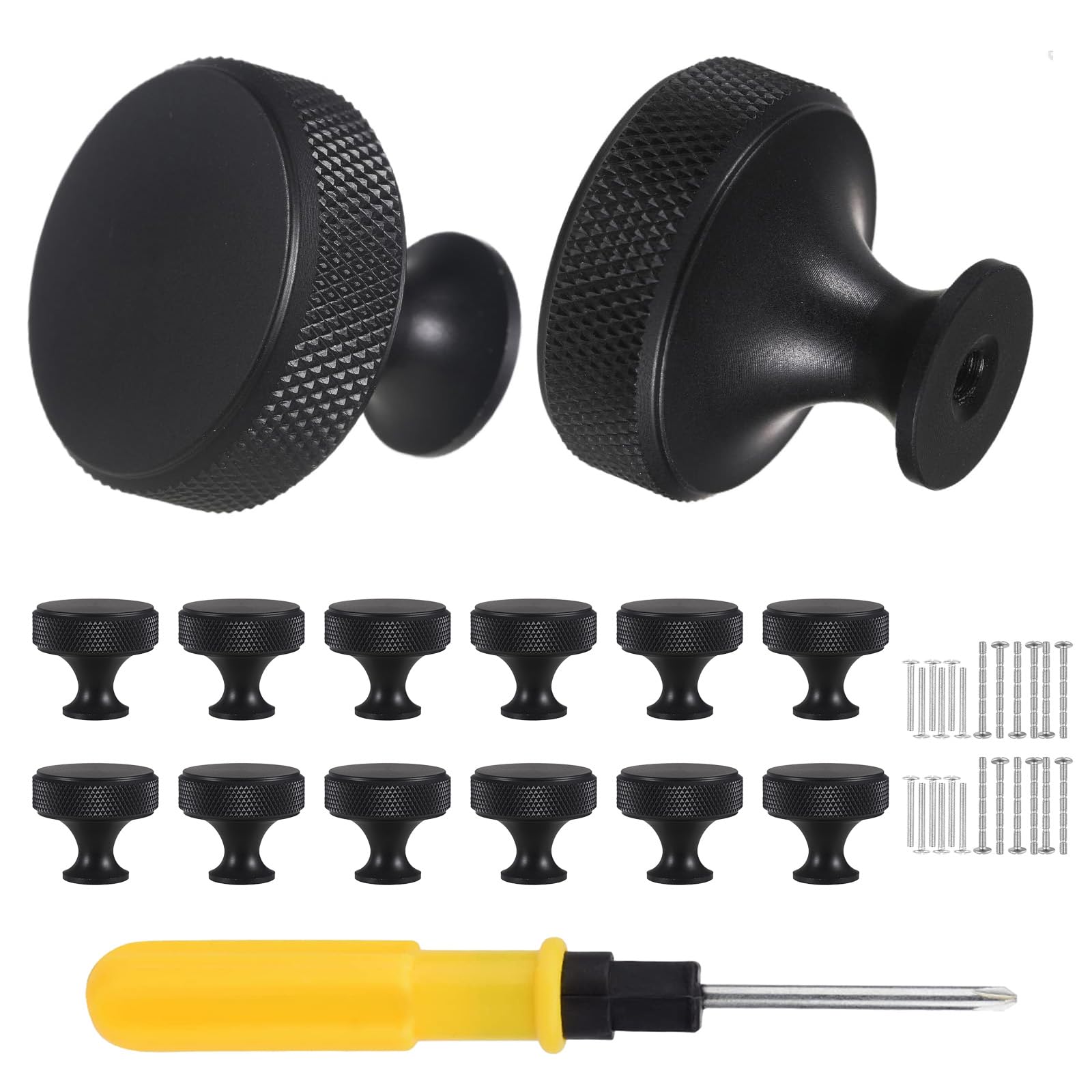 VEGCOO 12 Pack Matte Black Drawer Knobs, Single Hole Black Cabinet Knobs with Screws, Round Knurled Metal Wardrobe Knobs, Knobs for Drawers, Cupboard, Dresser (Matte Black)