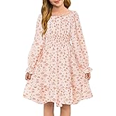 Haloumoning Girls Fall Long Sleeve Floral Dresses Kids Square Neck Smocked Holiday Party Dress 5-14 Years