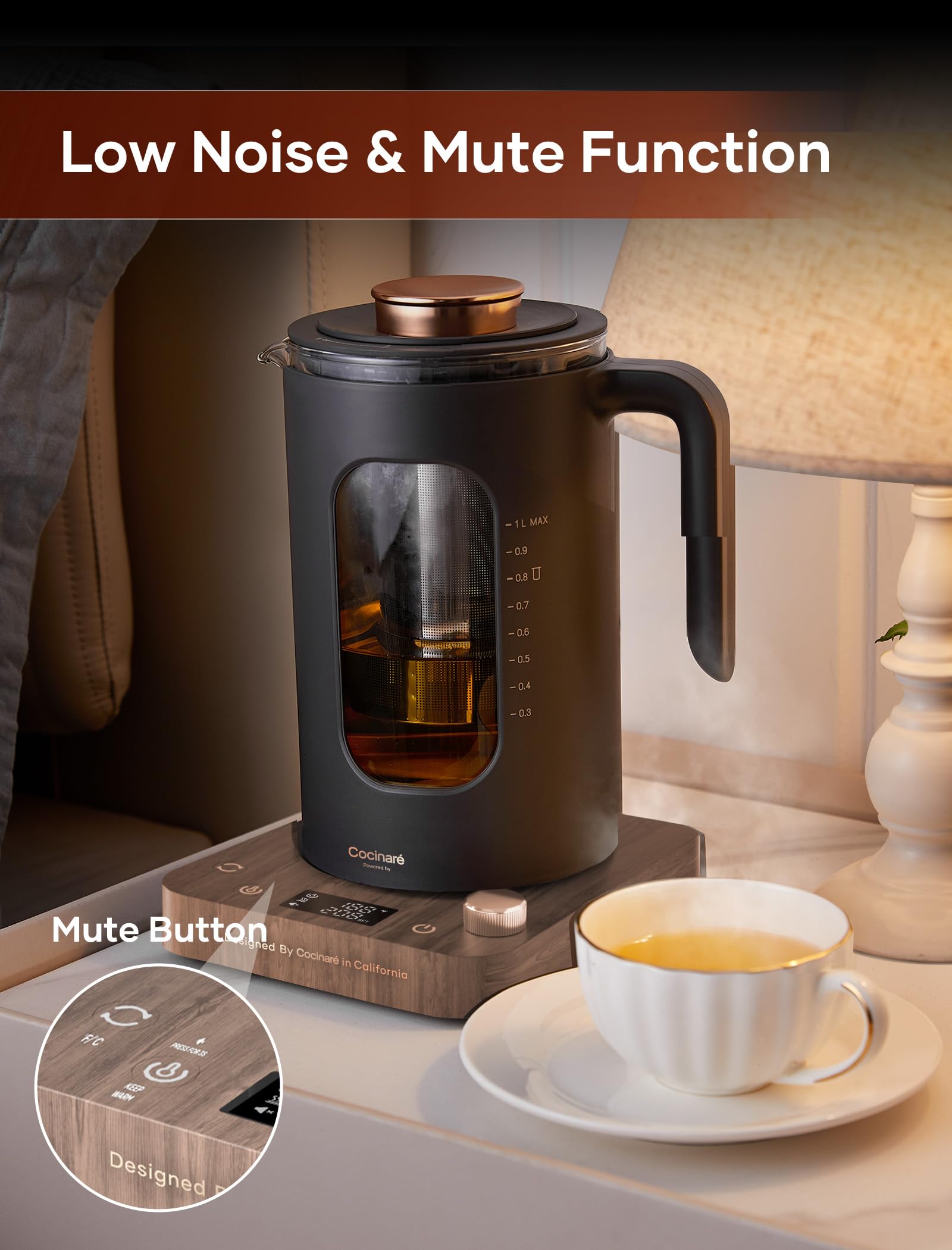 Tetera Eléctrica, INTASTING Hervidor Eléctrico de Vidrio con Infusor de Té y Control Preciso de Temperatura con Perilla, Calentamiento Rápido de 1200W, Sin BPA, Fácil de Limpiar, para Té y Café, 1 Litro (Madera)