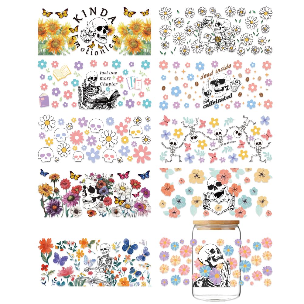 GOMAKERER 10 Sheets Skeleton UV DTF Cup Wrap for 16OZ Glass, Flowers Butterflies Skull Rub on Decals Kinda Emotionless Transfer Stickers PVC Cup Wrap for DIY Bottles Halloween Crafts