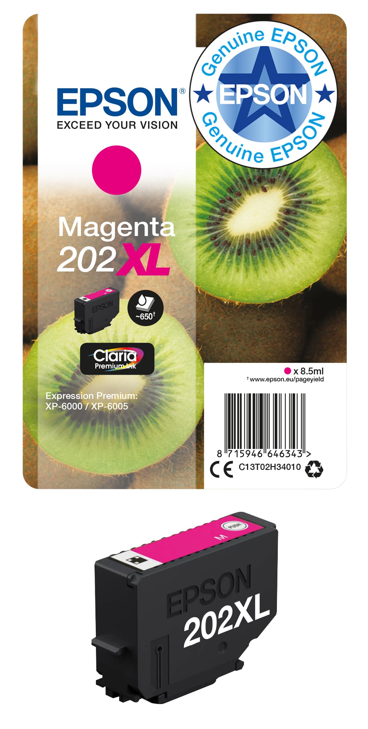 Epson 202XL Magenta Kiwi High Yield Genuine, Claria Premium Ink Cartridge, XL High Capacity