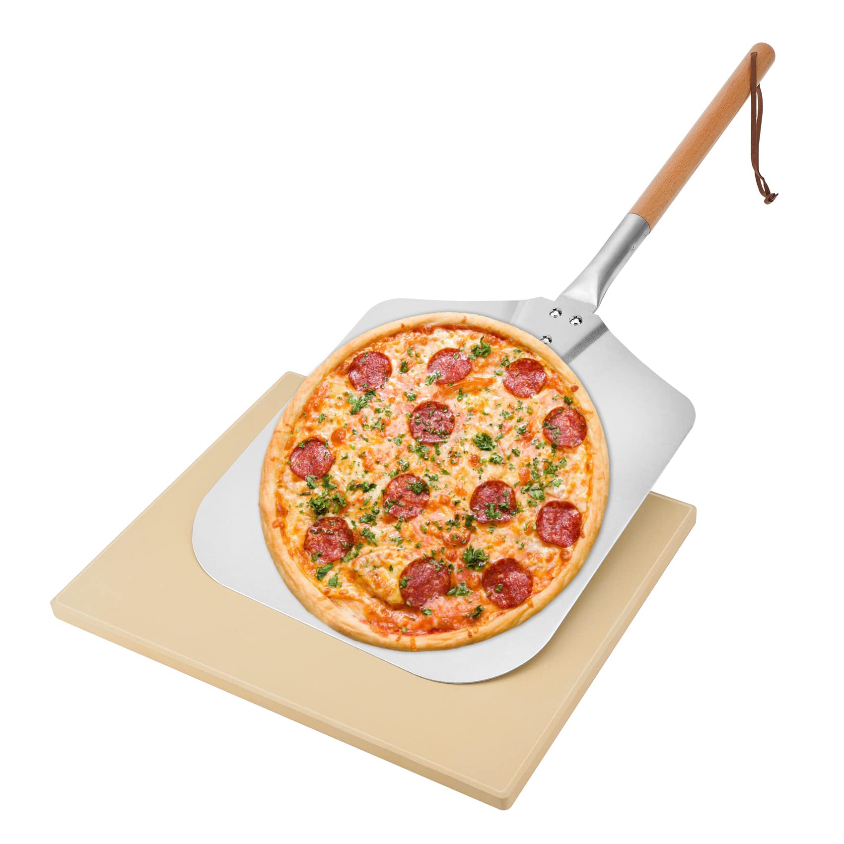 Mimiuo Pizza Stone and Peel Set, Square Pizza Stone for BBQ Oven and Grill, 12 x 14 inch Aluminum Pizza Peel Paddle with Long Wooden Handle, 28" Overall