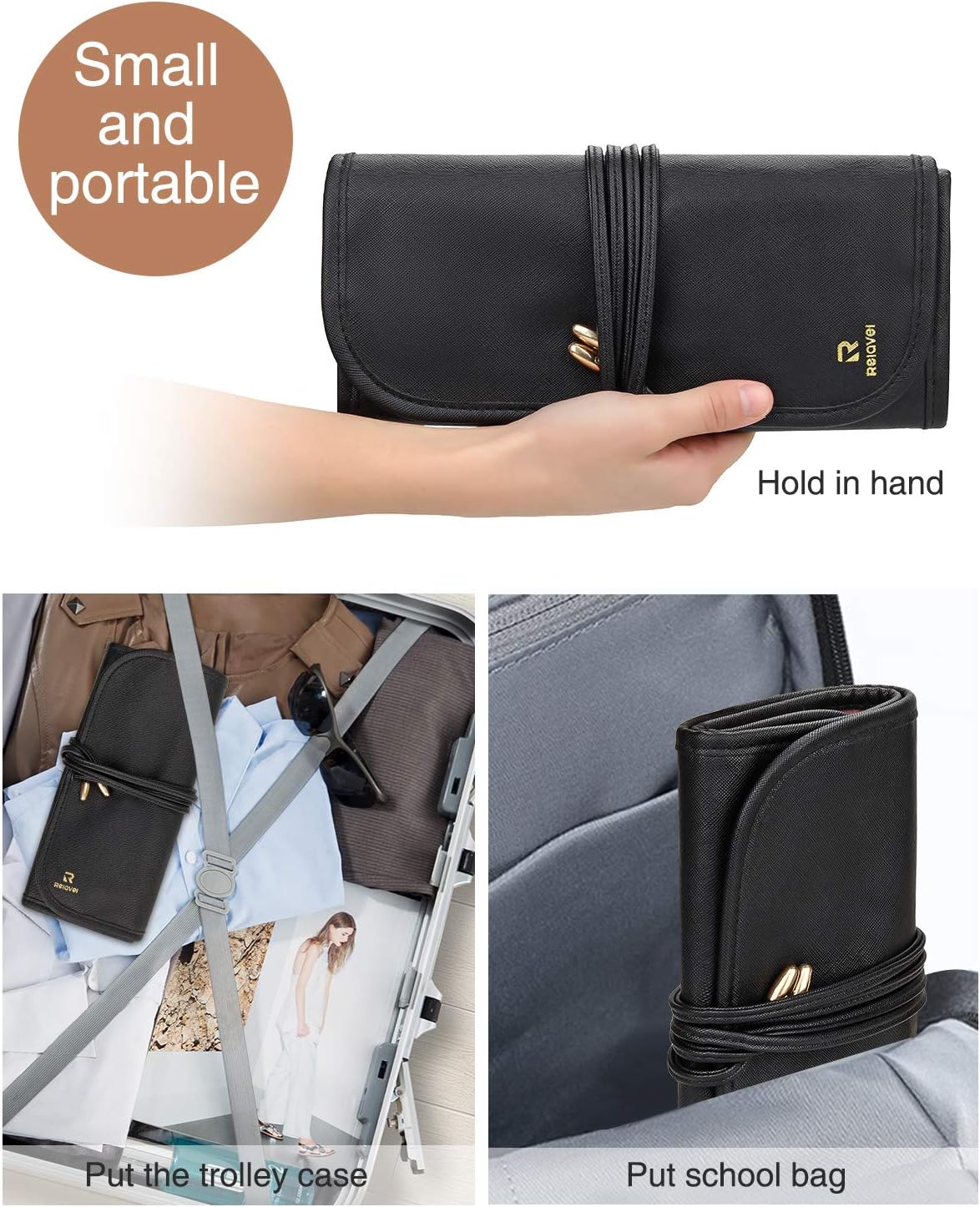 Relavel Makeup Brush Rolling Case Makeup Brush Bag Pouch Holder Cosmetic Bag Organizer Travel Portable Cosmetics Brushes Black Leather Case with Small Clear Bag : Beauty