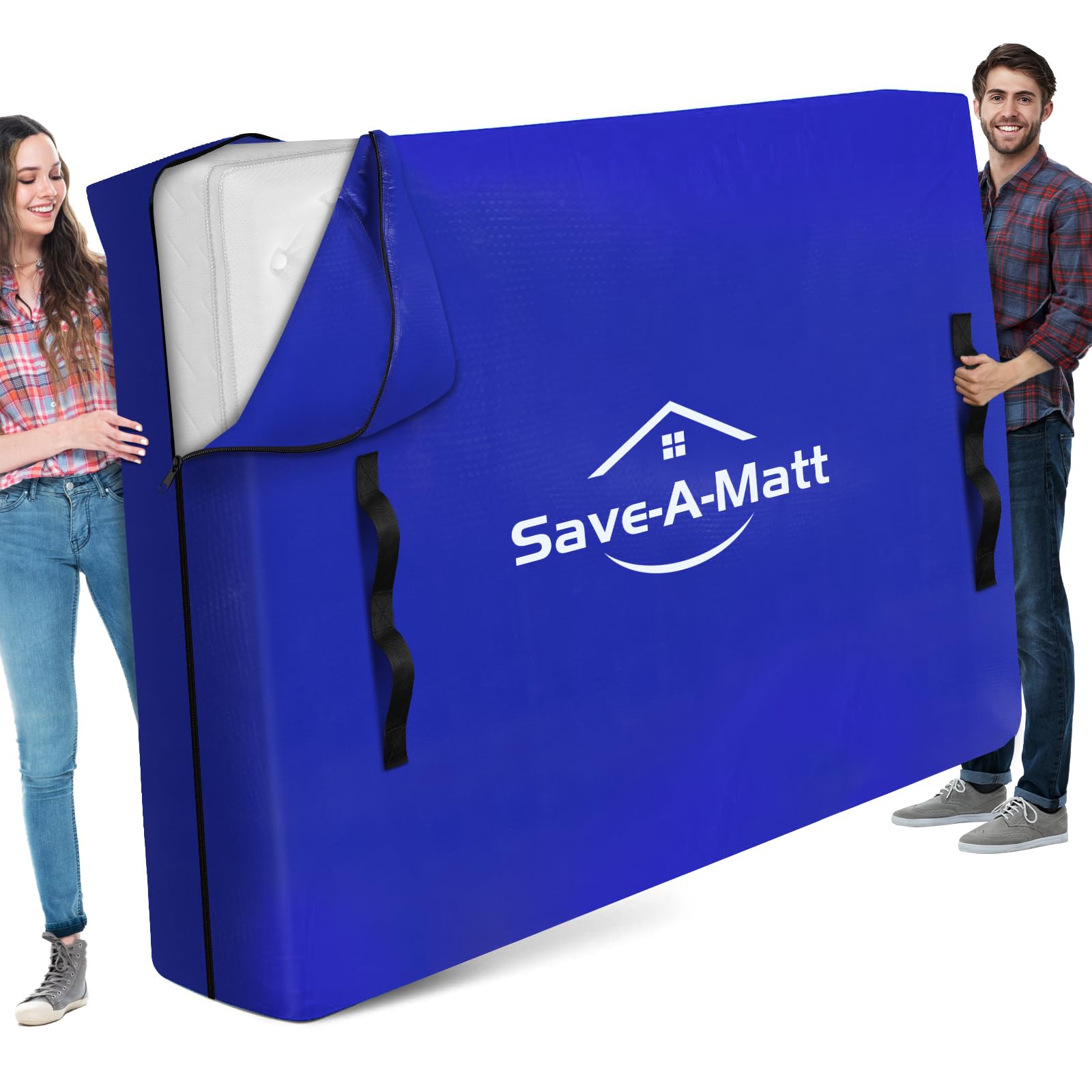 SaveAMatt Mattress Bags for Moving - Extra Thick & Durable Queen Mattress Cover for Moving - Reusable Waterproof Tarp Mattress Protector with Durable Handles (82’’x79’’x15’’ King Size)