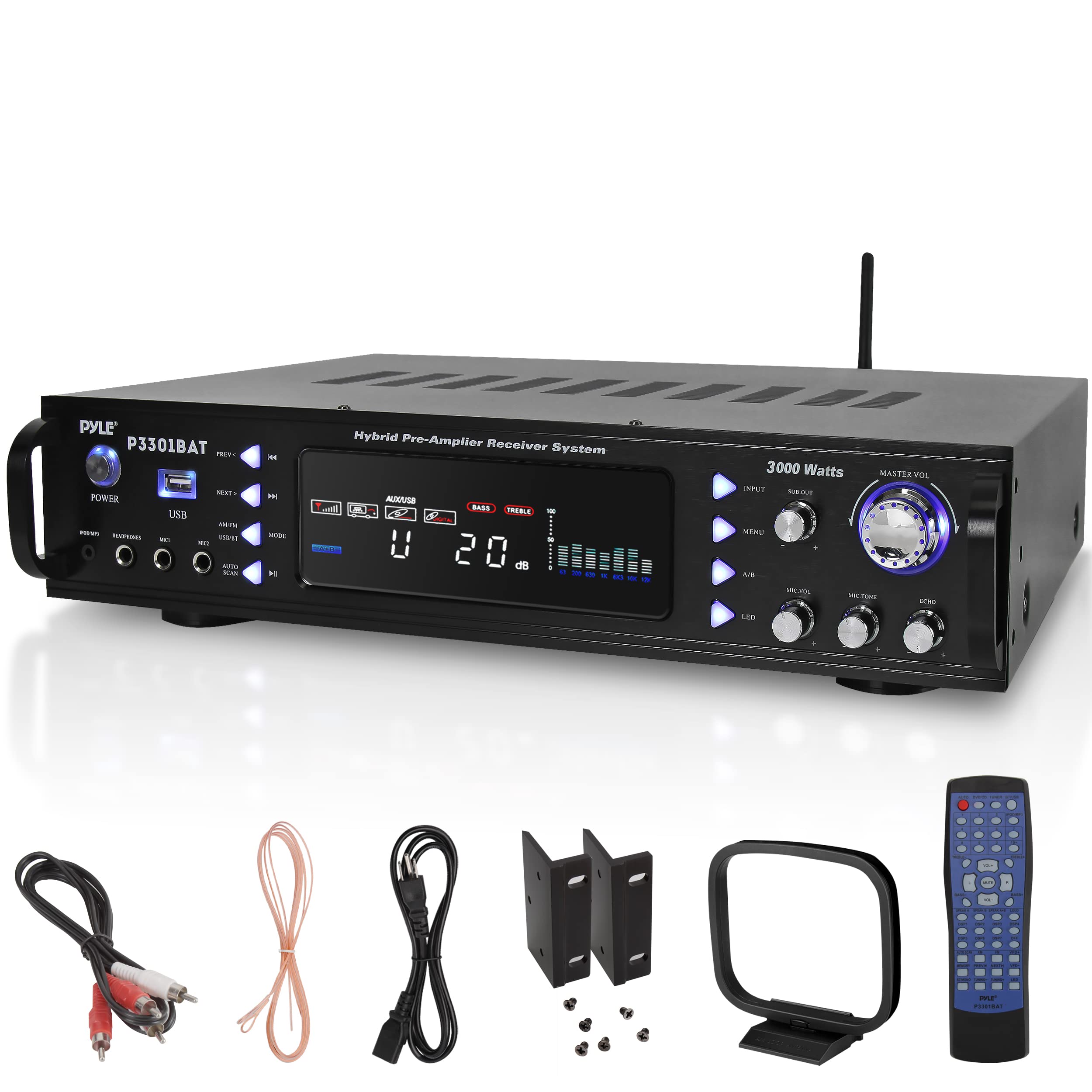 Pyle Bluetooth Stereo Amplifier – Rack Mount, Multi-Channel 3000W Peak Power, Easy Karaoke with Dual Mics, Subwoofer Out, Pre-Amp Out, AM / FM Radio, Front Panel Aux In, USB-A Input with MP3 Player