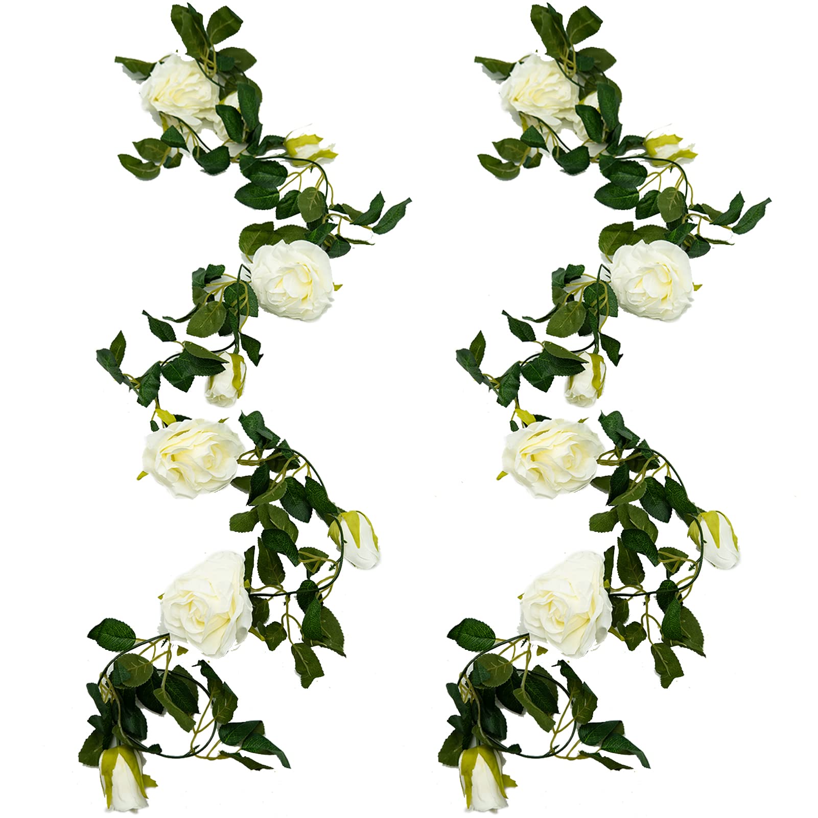 2 Pack Artificial Rose Garland, 6.5ft Fake Silk Rose Flower Hanging Artificial Vine for Wedding, Party, Festival, Room Decor, Office, Garden Decoration (White)