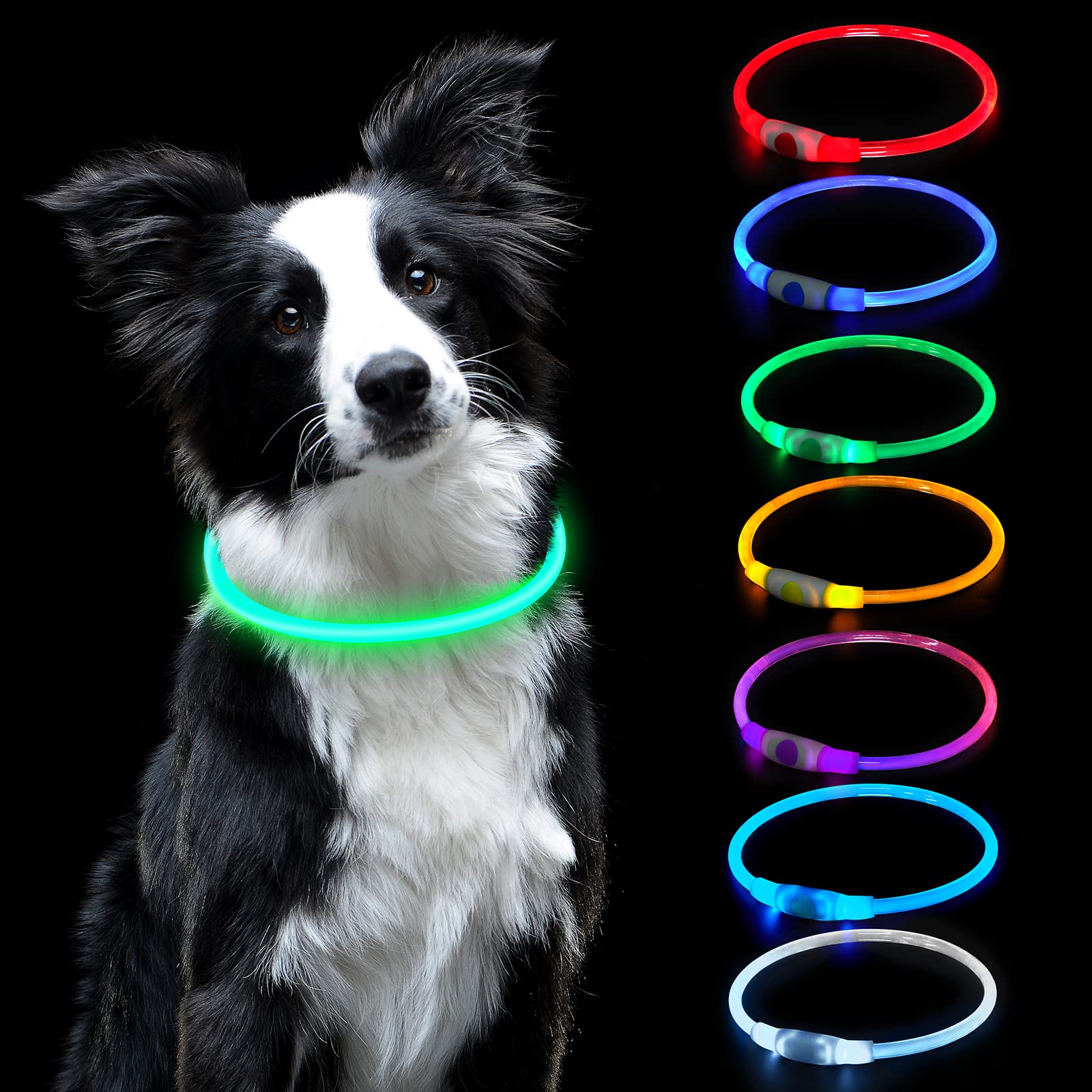 AUAUY LED Dog Collar, Light Up Dog Collars USB Rechargeable, Glowing Collar, Universal Flash Dog Necklace Light, Reusable Pet Safety Necklace for Small Medium Large Cats and Dogs-Colorful — image 1