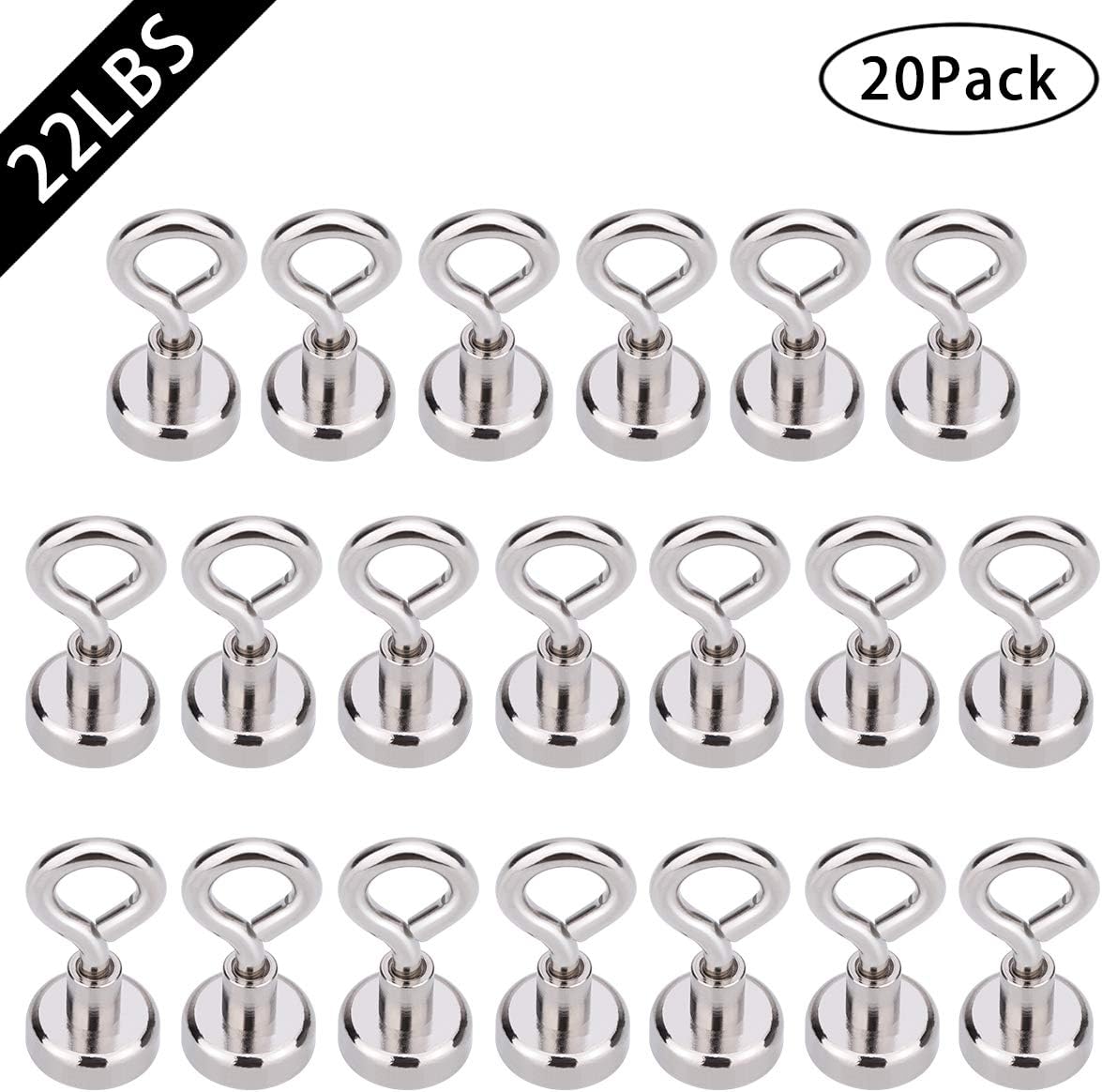 YALAMI Magnets Hooks for Hanging,Duty Neodymium Magnetic Hooks with Eye Bolt for Fridge, Fishing, Cruise Ship, Grill Tools Indoor and Outdoor Ceiling Hanger 0.63" Dia 20 Pack
