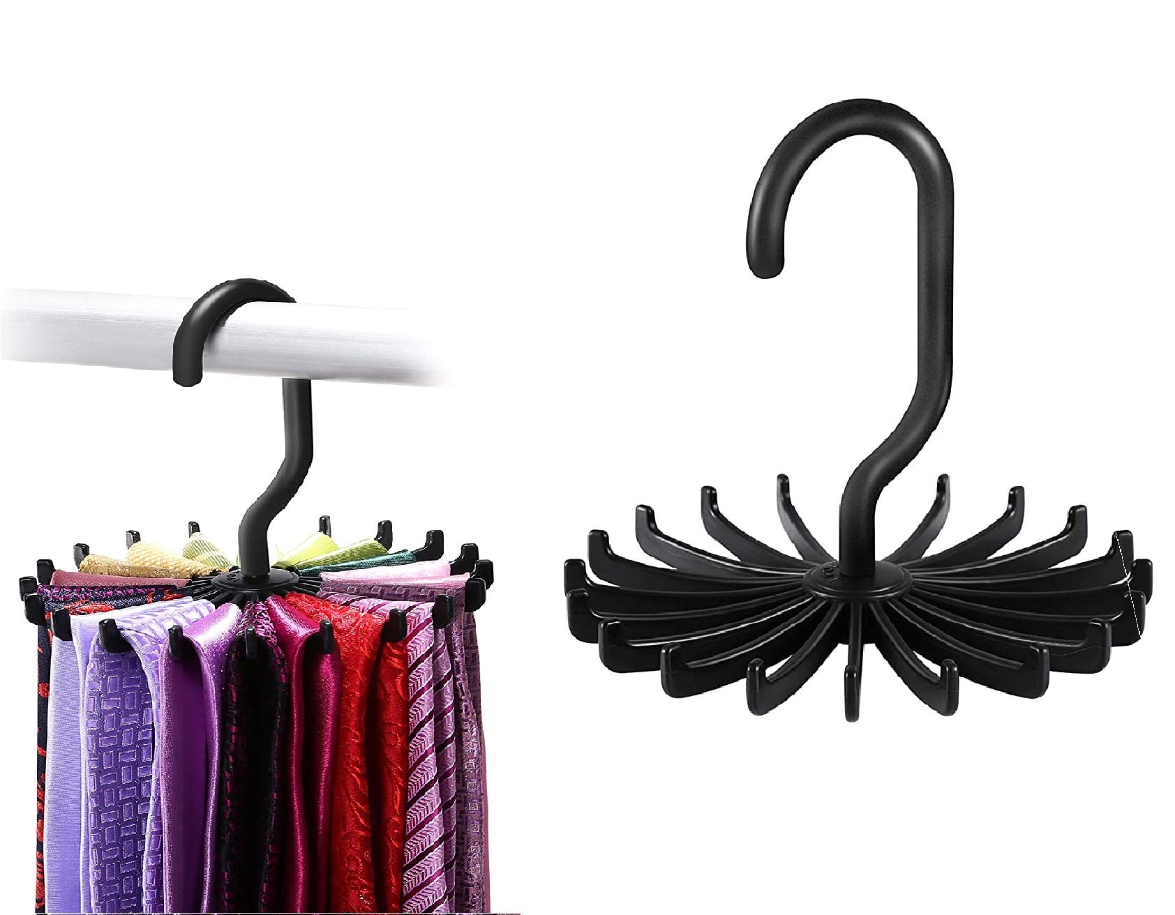 KOKSI Rotatable Tie Belt Rack Holder Hook for Closet Organizer Storage, Multipurpose Adjustable Organiser for Ties, Belts, PACK OF 2