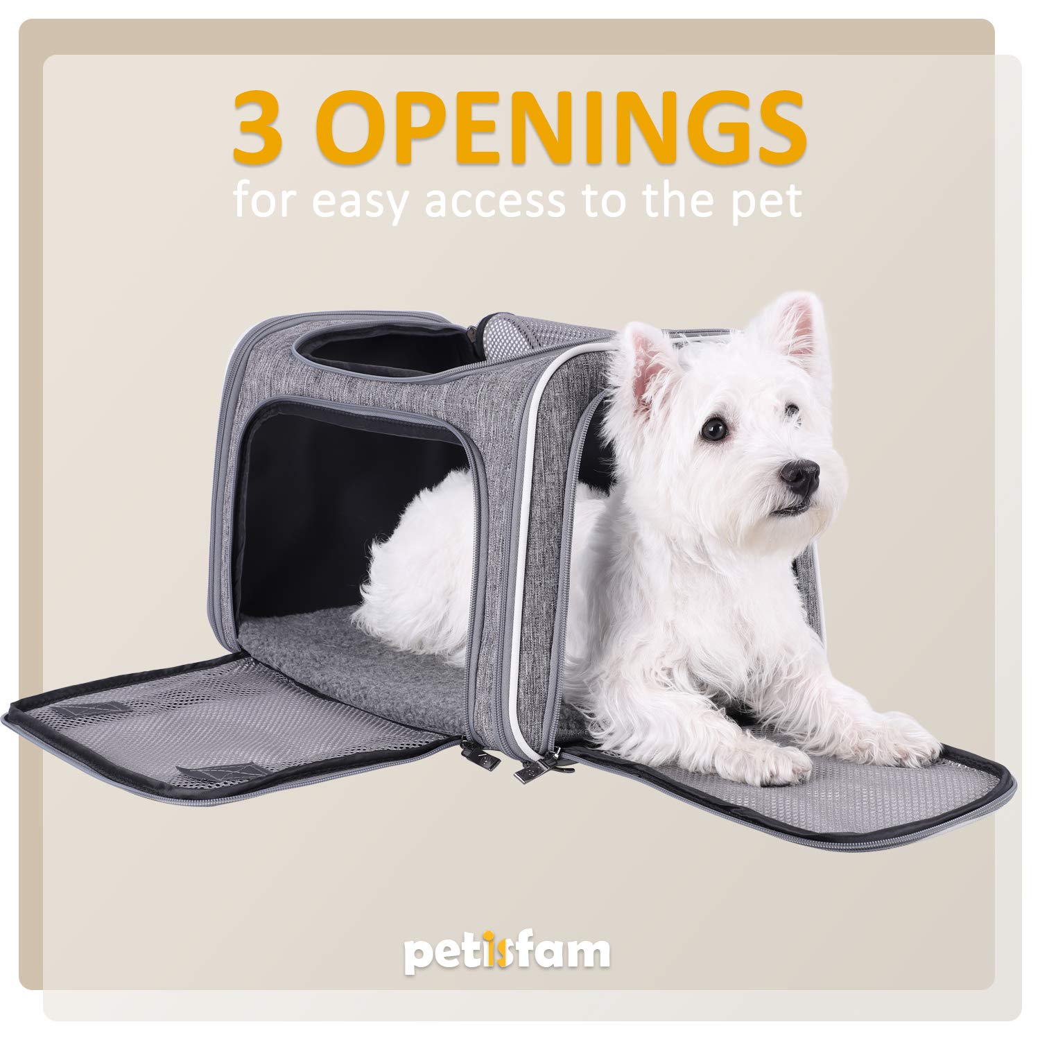petisfam Soft Pet Carrier for Medium Cats and Small Dogs with Cozy Bed, 3 Doors, Top Entrance