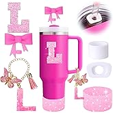 MOTEERLLU 6PCS Pink Stanley Cup Accessories Set, Initials Decorations for Stanley Cup 30oz 40oz, Includes Bow Straw Topper, Handle Charm, Letter Sticker, Silicone Boot, Spill Proof Stopper (Letter L)