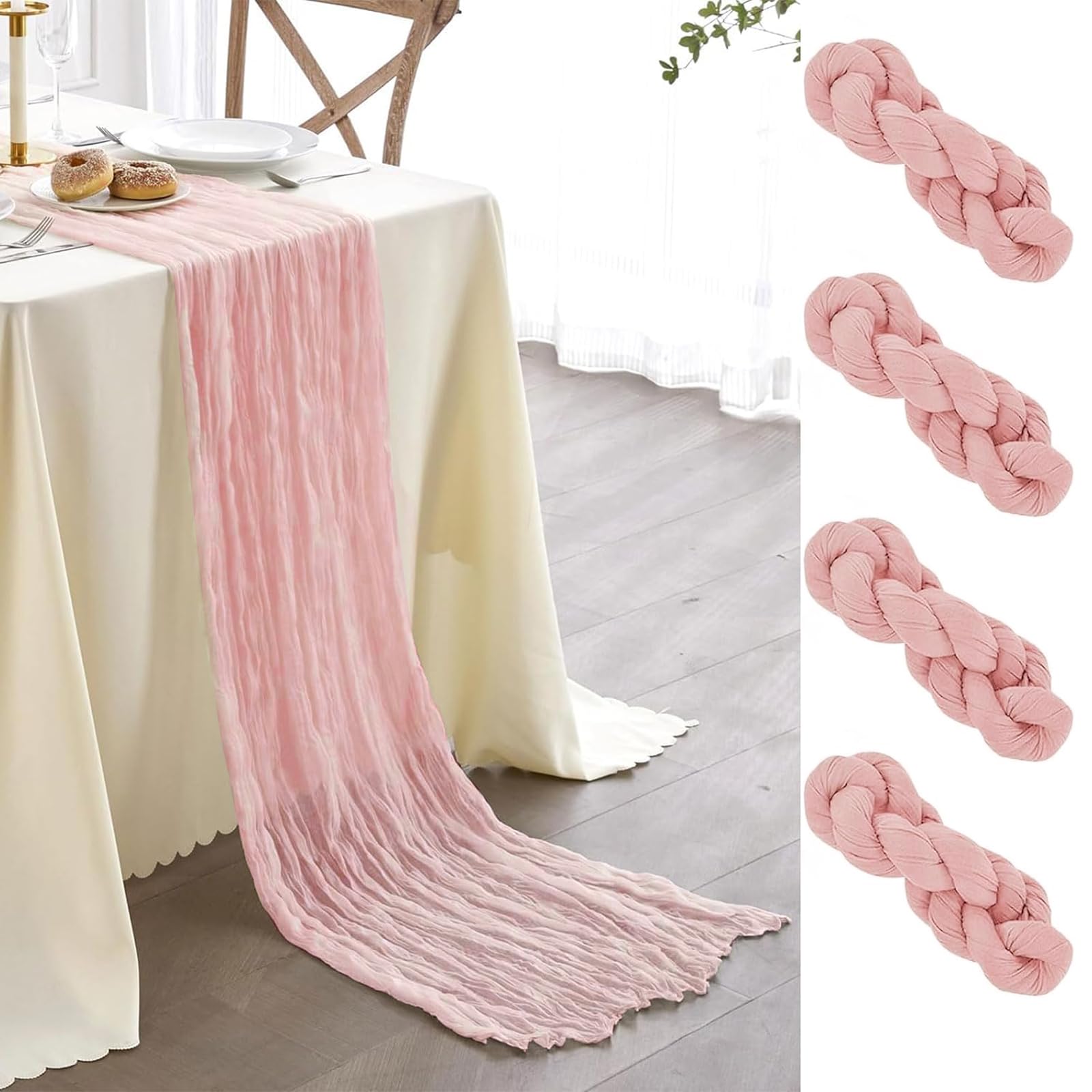 Newthinking 4 Pack Cheesecloth Table Runner, 10ft Pink Rustic Gauze Fabric Table Runner for Wedding Table Decoration, Holiday Party, 90X300CM