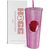 Hogg 24 oz Studded Tumbler with Lid and Straw - Glossy Pink, Reusable Iced Coffee Cup, Bling Tumbler for Women, Glitter Rhinestone Cup, Gifts for Iced Coffee Lovers
