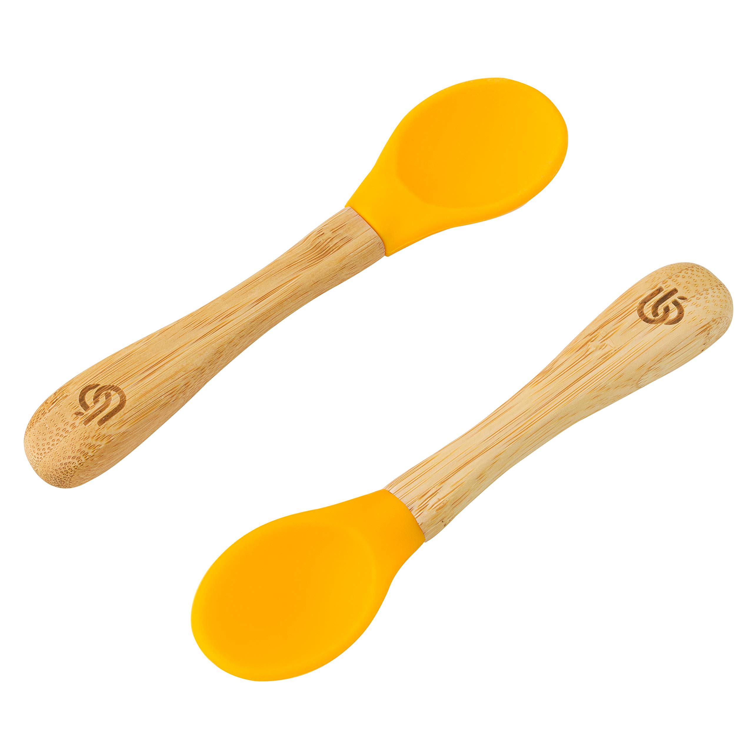 bamboo bamboo ® Baby Weaning Spoons Set of 2 | Bamboo with Soft Silicone Tips | Ergonomic Easy Grip Handles | BPA-Free (Set of 2, Yellow)