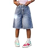 OYOANGLE Girl's Baggy Bermuda Denim Shorts Loose Elastic Waist Wide Leg Jean Shorts