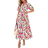 BTFBM Summer Dresses for Women 2026 Boho Short Sleeve V Neck Button Belt Flowy Spring Clothes Beach Vacation Maxi Dress