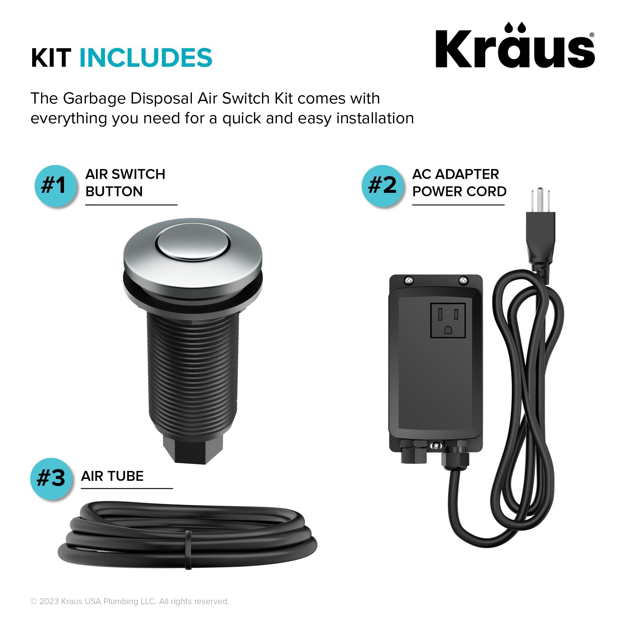 KRAUS Garbage Disposal Air Switch Kit in Chrome with Push Button, AC Adapter, Power Cord, and Air Tube Included, KWDA-100CH