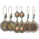 SMALLLOVE Vintage Bohemian Earrings for Women Unique Handmade Boho Retro Tribal National Bronze Round Circle Geometry Carved Pattern Tassel Dangle Drop Statement Earrings Jewelry Gifts