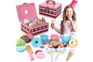 Lawcephun Wooden Tea Party Set for Little Girls, 30pcs Princess Tea Set Toy for Pretend Play, Montessori Toys for Toddlers Age 3-6, Birthday Gifts for Girls & Boys