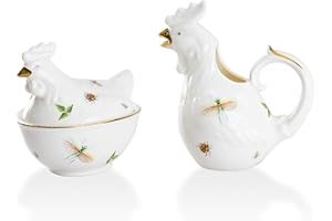 Gracie China by Coastline Imports Dragonfly Floral Hen Rooster Porcelain Sugar And Creamer 2-Piece Set, white green, 5-ounce