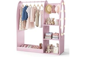 OLAKIDS Kids Dress Up Storage with Mirror, Wooden Costume Wardrobe Closet with LED Lights Rack Storage Shelves 3 Hooks for Be