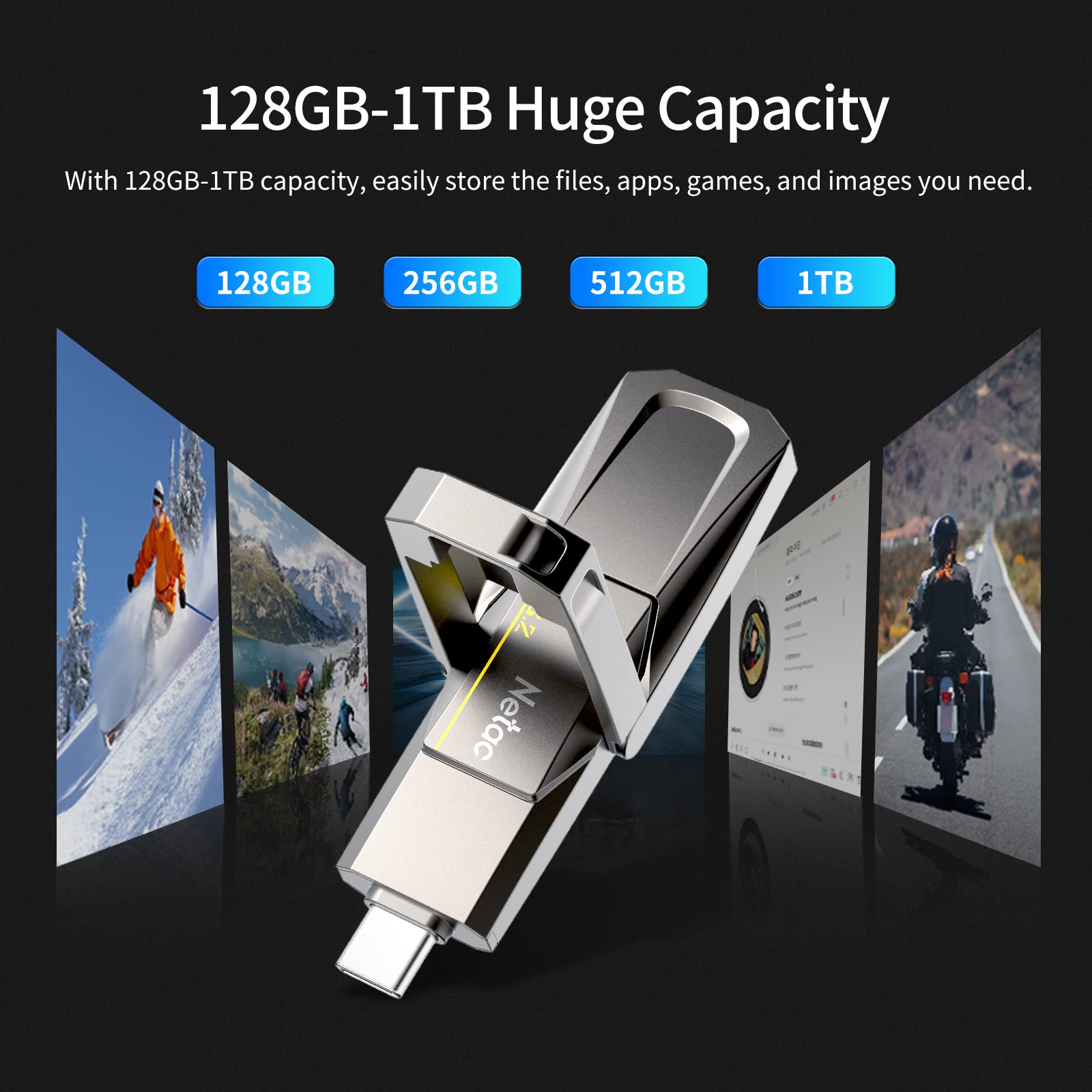 Netac 128GB Portable External USB Solid State Drive Type-c and USB 3.2 Dual Interface, up to 400MB/s Security Protection for Data Storage, Expansion of Storage for Photos/Videos/Music/Files, US5