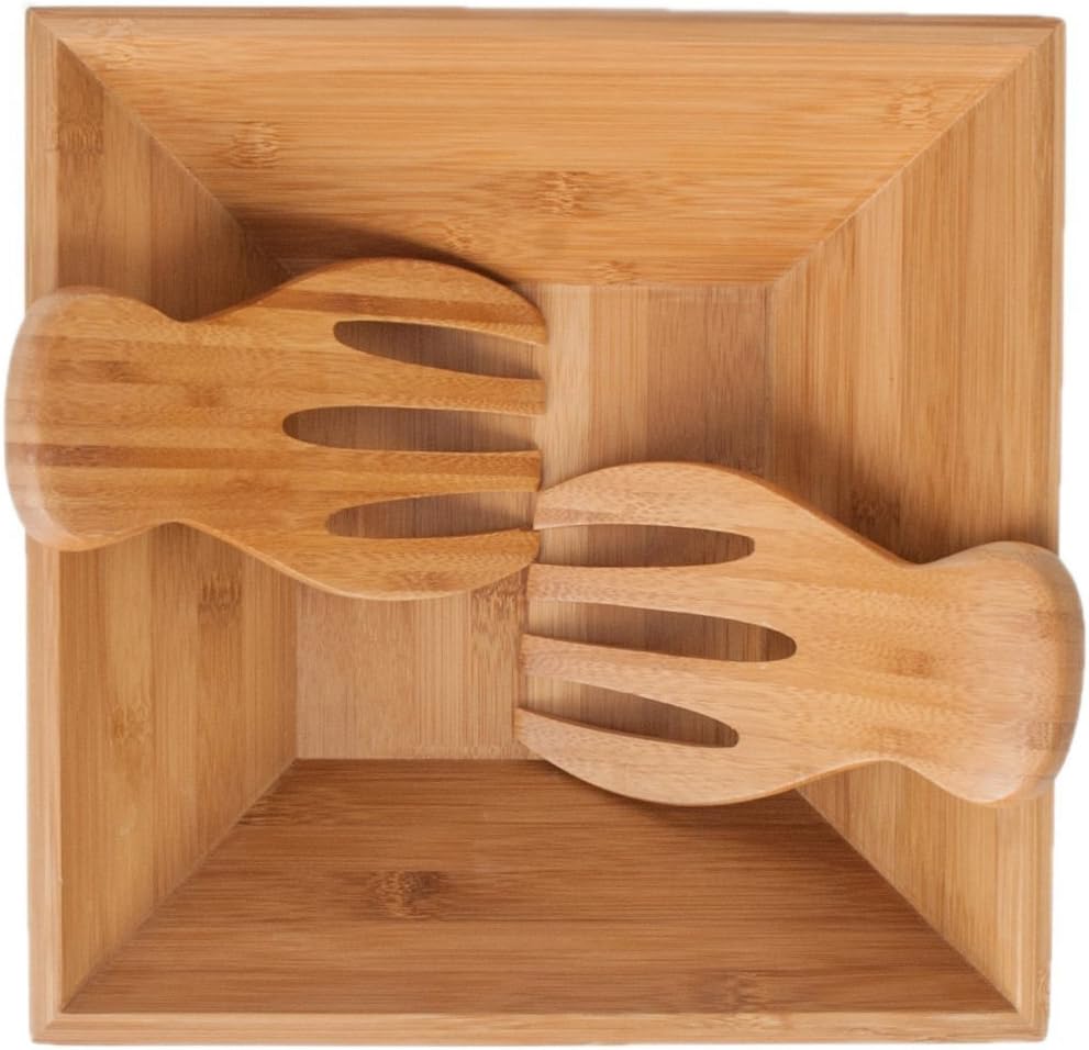 SM Bowls Bamboo Salad Bowl w/Serving Hands: Sustainable set includes large square bowl and matching salad servers