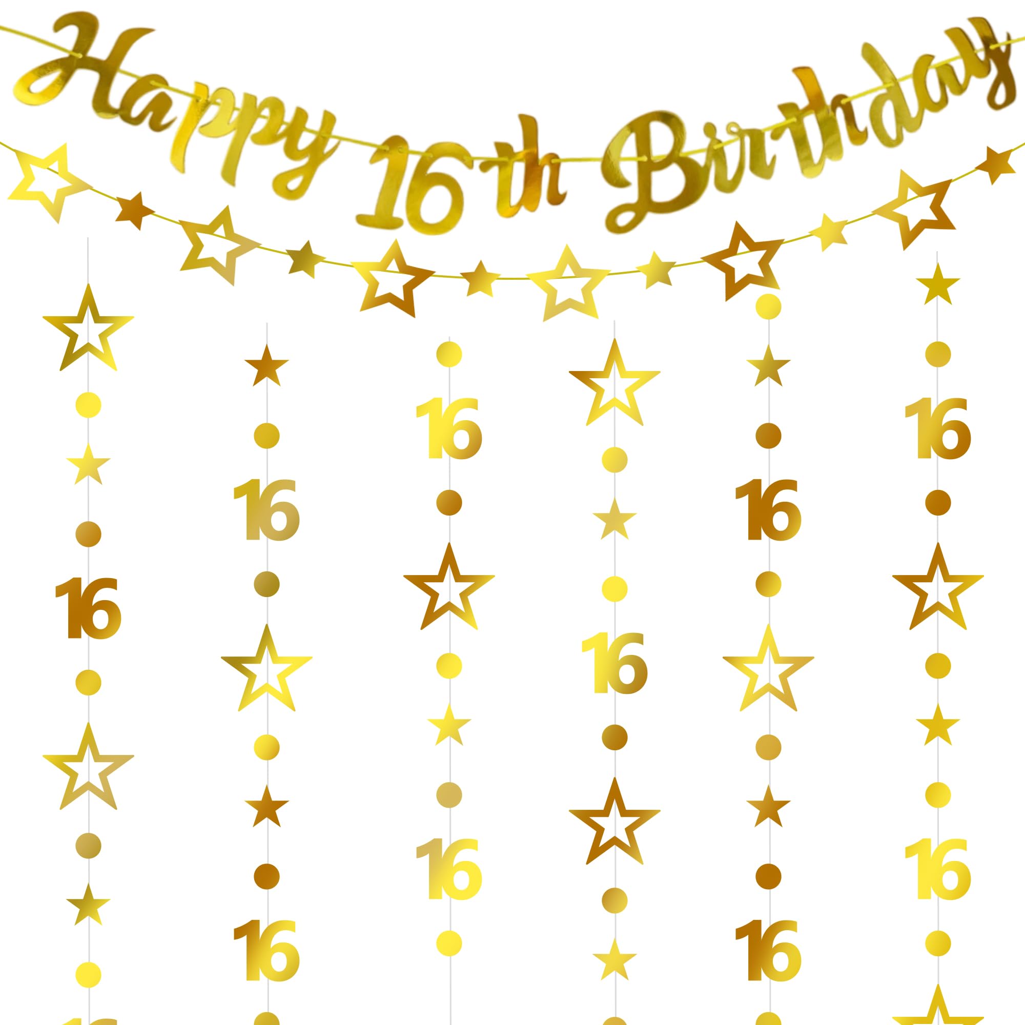 16th Birthday Decorations Gold Banner - 4 Pcs Gold Happy 16th Birthday Garland Banner Number 16 Circle Dot Twinkle Star Garland Hanging Streamer for 16 Year Old Sixteen Anniversary Party Supplies
