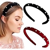 Auswalar 2Pcs Velvet Pearl Embellished Headbands, Elegant Hair Hoops for Weddings, Parties, Daily Styling Hair Accessories (Black & Red)