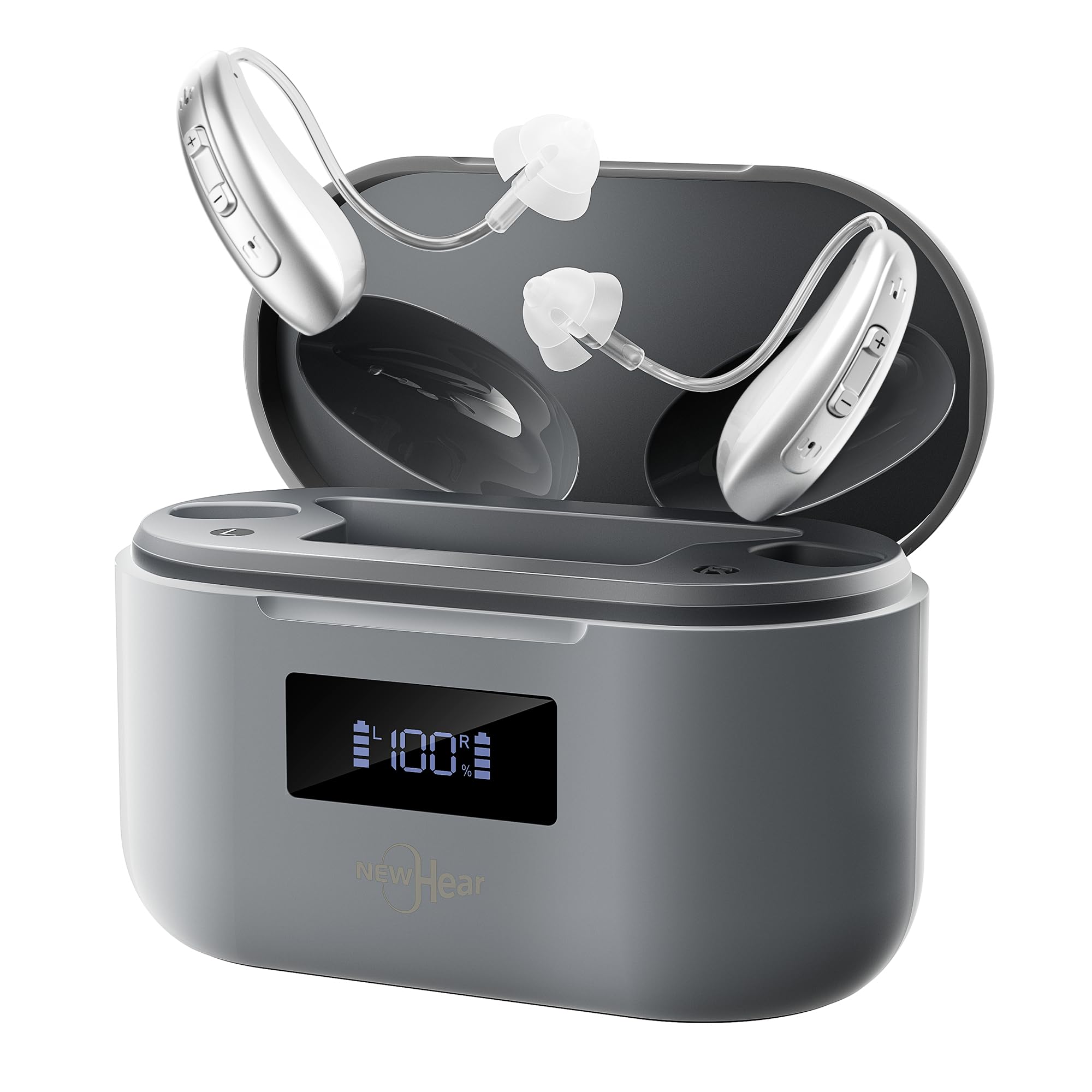 Photo 1 of Rechargeable OTC Hearing Aids for Seniors & Adults ?NewHear ?16-Channel Digital Sound, Smart Noise Cancellation, Super Mini Invisible BTE Design, Charging Case, 5-Day Battery, Light Gray