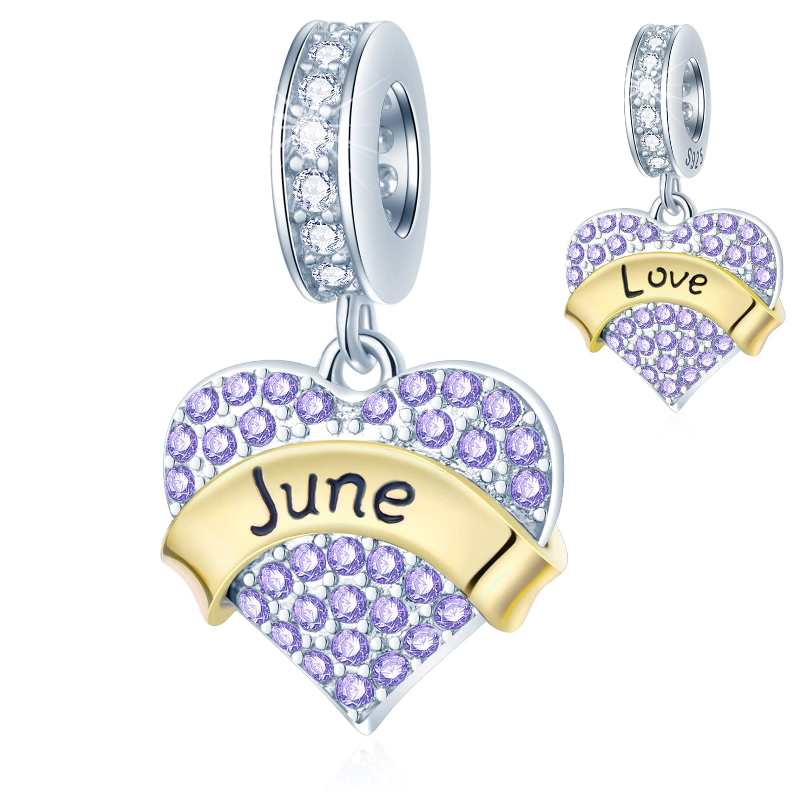 June Birthstone is Love Heart Charms, fits Pandora Fathers Day Bracelet, 925 Sterling Silver Orchid Moonstone CZ Pendant Sparkle Beads, Gift for Dad/Nana/Daddy Birthday