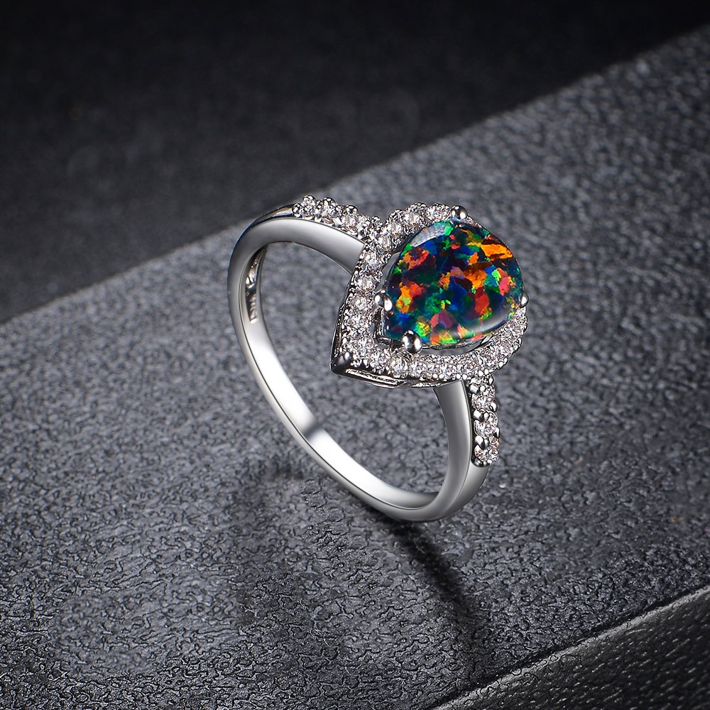 Dnswez Teardrop CZ Cubic Zirconia Green Fire Opal Ring Silver Statement Band Ring(8)