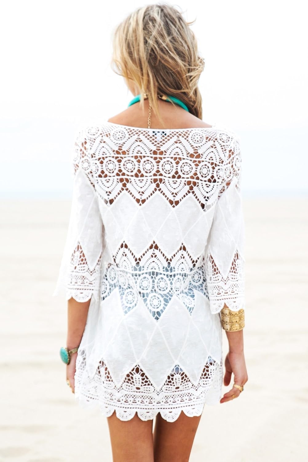 Women's Bathing Suit Cover Up Lace Crochet Tunic Bikini Beach Dress (M, White) at  Women’s Clothing store