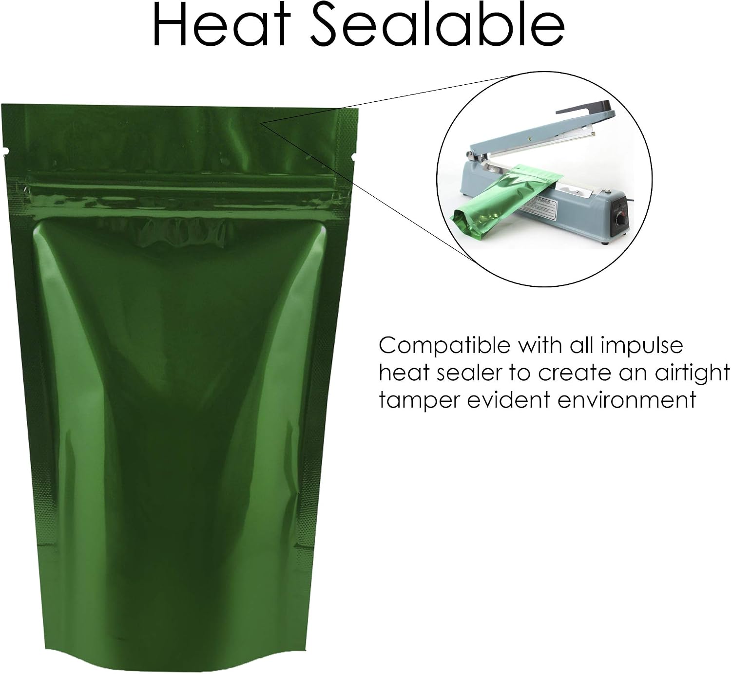 Rightpak Stand Up Pouches 25 Pieces 11cm x 17cm, Green Shiny Heat Sealable Tear Notches Smell Proof for Food Storage With Ziplock - Image 4