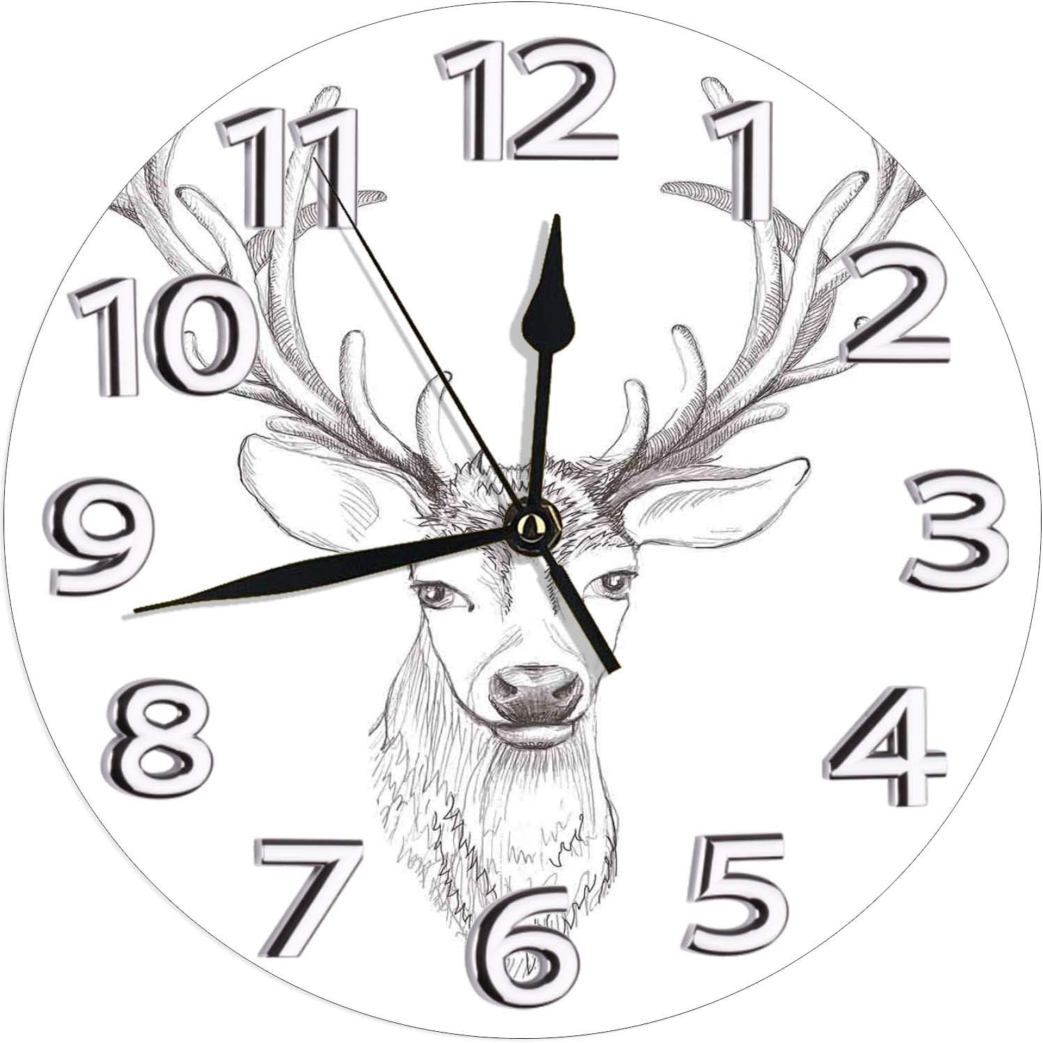 Amazon Co Jp 鹿の頭のイラストスタイルスケッチ白黒白黒 野生動物アート 学校の教室25cmの直径の部屋の装飾のための壁掛け時計の屋内円形の無声かわいいデジタルオフィス ホーム キッチン