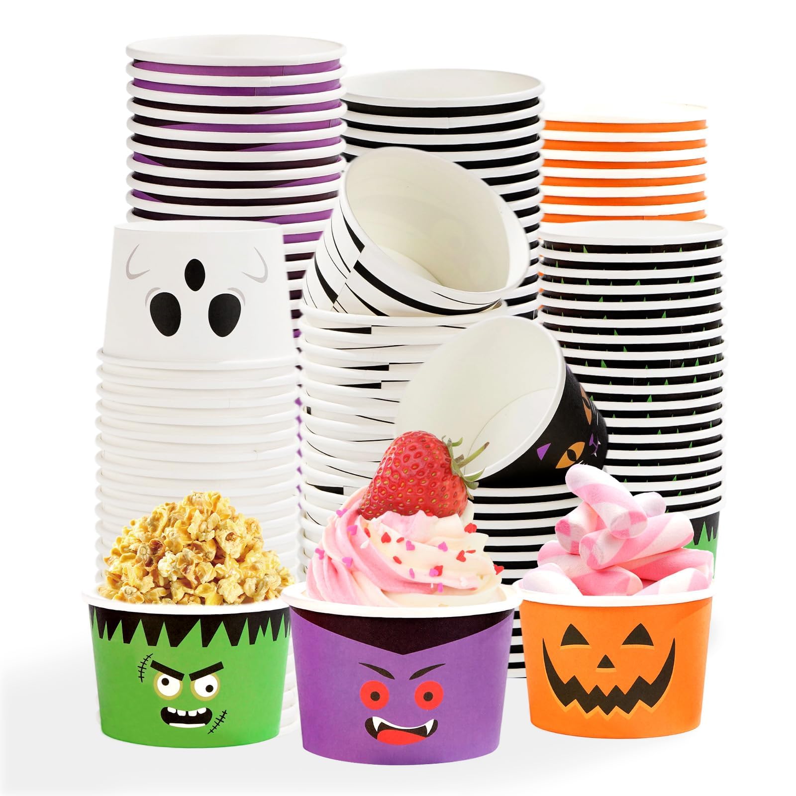 Photo 1 of 120 Pcs Halloween Ice Cream Cups 12 oz Disposable Ghost Pumpkin Cat Paper Dessert Snack Soup Bowls Halloween Yogurt Cup Containers for Hot or Cold Food Candies Baby Shower Birthday Party Supplies